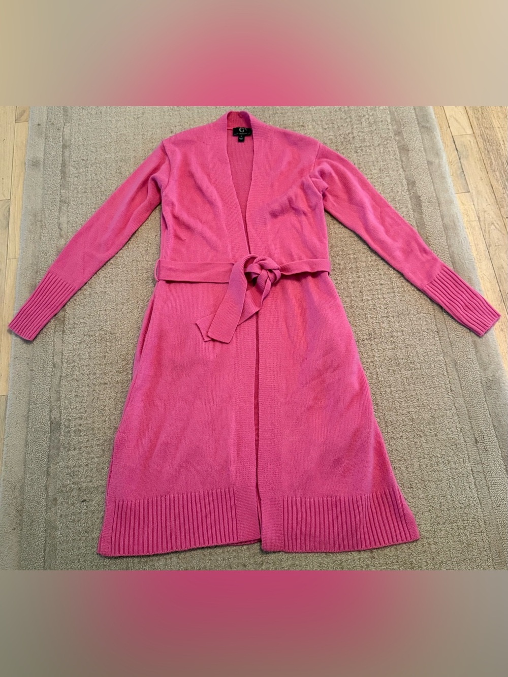 G by Giuliana Pink Long Belted Cardigan Sweater XS Open Front Duster Pockets